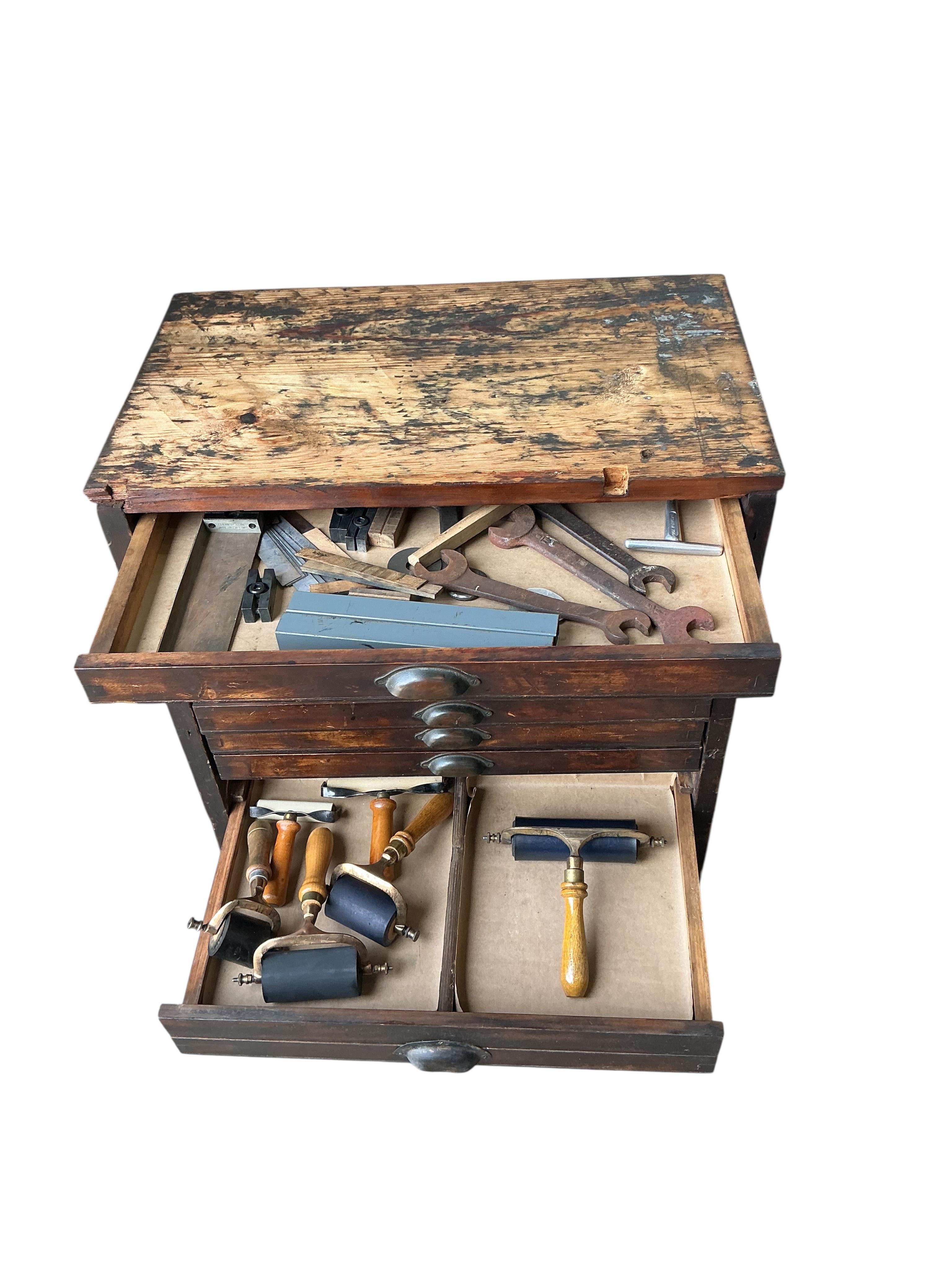 A Victorian cast iron Albion printing press by Wood and Sherwood, Aldersgate Street, London, width 87cm, height 105cm, together with a stained pine chest of print making accessories. Provenance: This was the property of